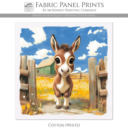 Farm Animal Fabric - Donkey, Mule, Baby Fabric Panels, Cotton, Nursery Décor, Infant, Quilt Block, Wall Art, Quilting, Sewing