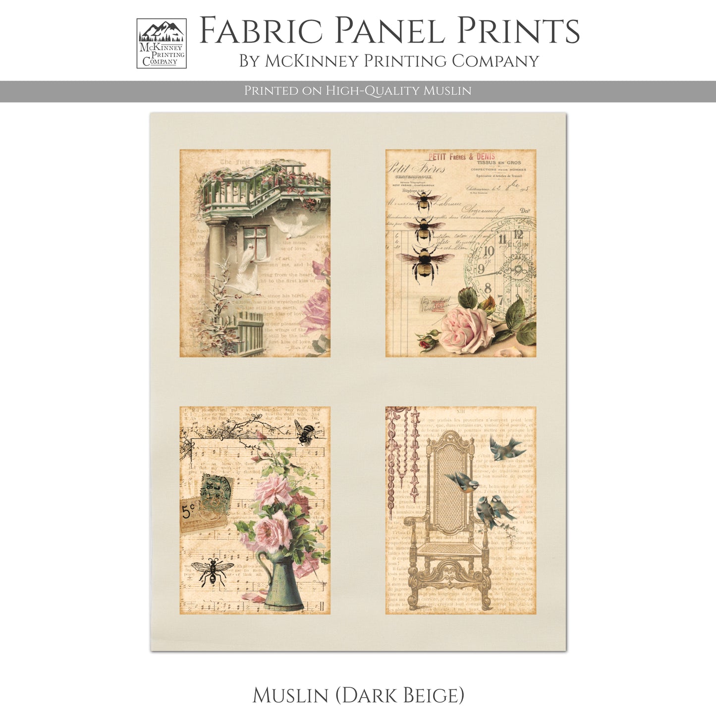 Fabric Panel, Shabby Chic Floral Fabric - Small Print Quilt Block Panel, Patches, French Country Flower - Muslin