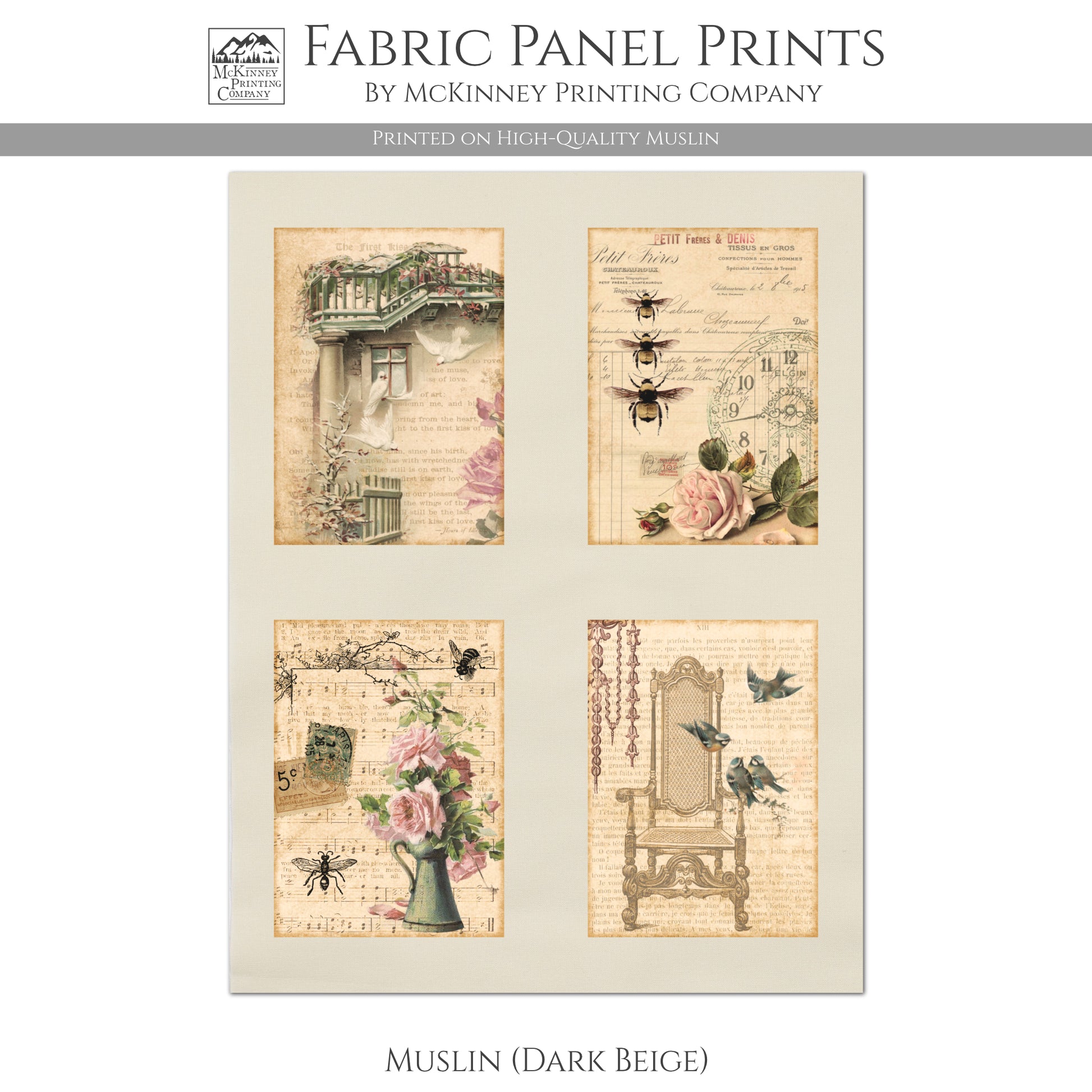 Fabric Panel, Shabby Chic Floral Fabric - Small Print Quilt Block Panel, Patches, French Country Flower - Muslin