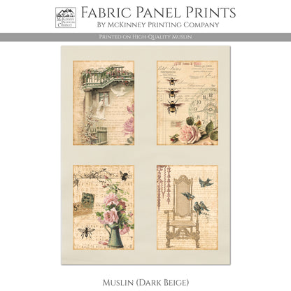 Fabric Panel, Shabby Chic Floral Fabric - Small Print Quilt Block Panel, Patches, French Country Flower - Muslin