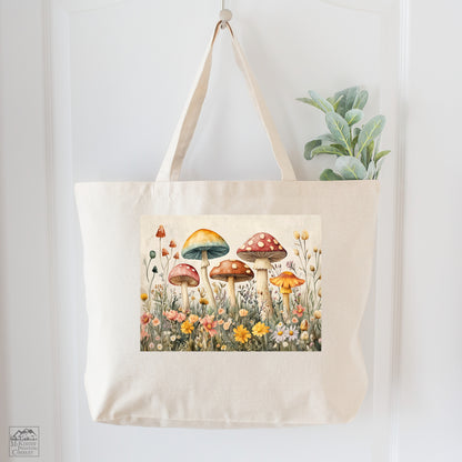 Mushroom Tote - Cottagecore , Aesthetic Tote Bag, Mushroom Bag, Large Canvas Tote Bag, Canvas Tote Bag with Zipper, Gift, Cute, Fabric Shoulder Bag