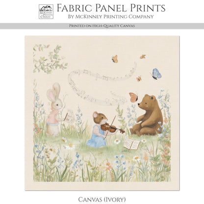 Music Fabric - Beatrix Potter, Bear, Mouse, Rabbit, Baby Fabric Panels, Nursery, Block Print, Cotton, Quilting, Quilt