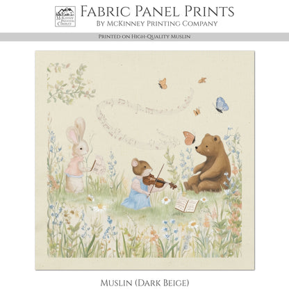 Music Fabric - Beatrix Potter, Bear, Mouse, Rabbit, Baby Fabric Panels, Nursery, Block Print, Cotton, Quilting, Quilt