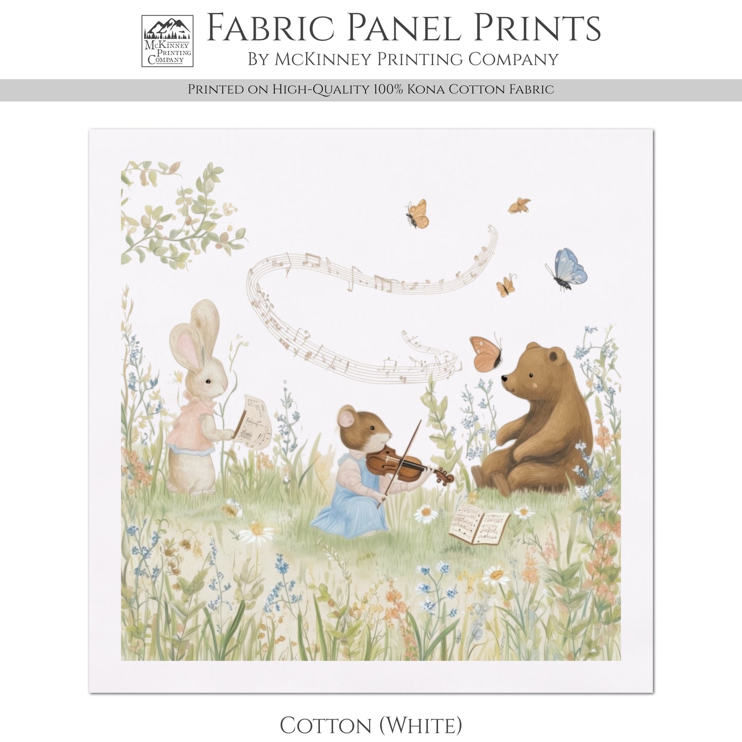 Music Fabric - Beatrix Potter, Bear, Mouse, Rabbit, Baby Fabric Panels, Nursery, Block Print, Cotton, Quilting, Quilt