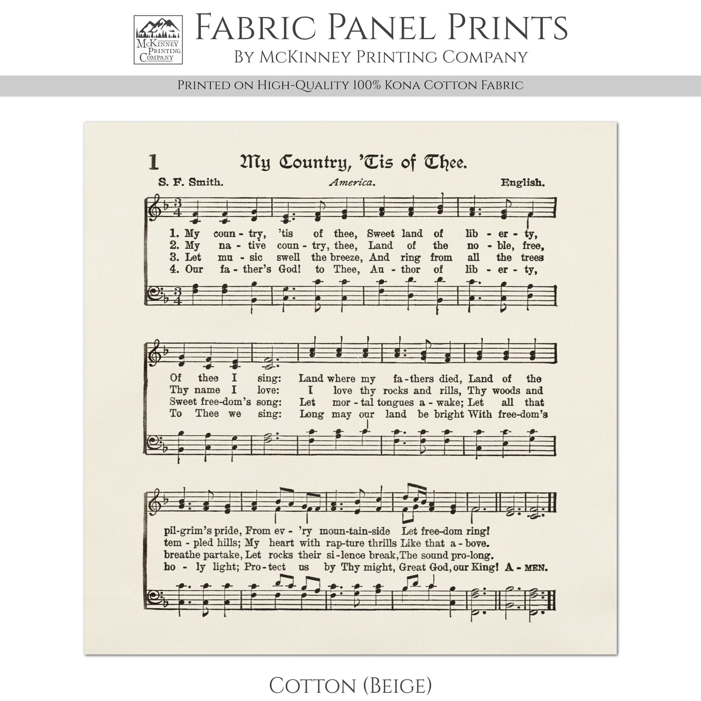 My Country Tis of Thee - Patriotic Fabric, Americana Fabric, Quilts of Valor, Vintage Sheet Music, Block Print, Veteran, Quilting