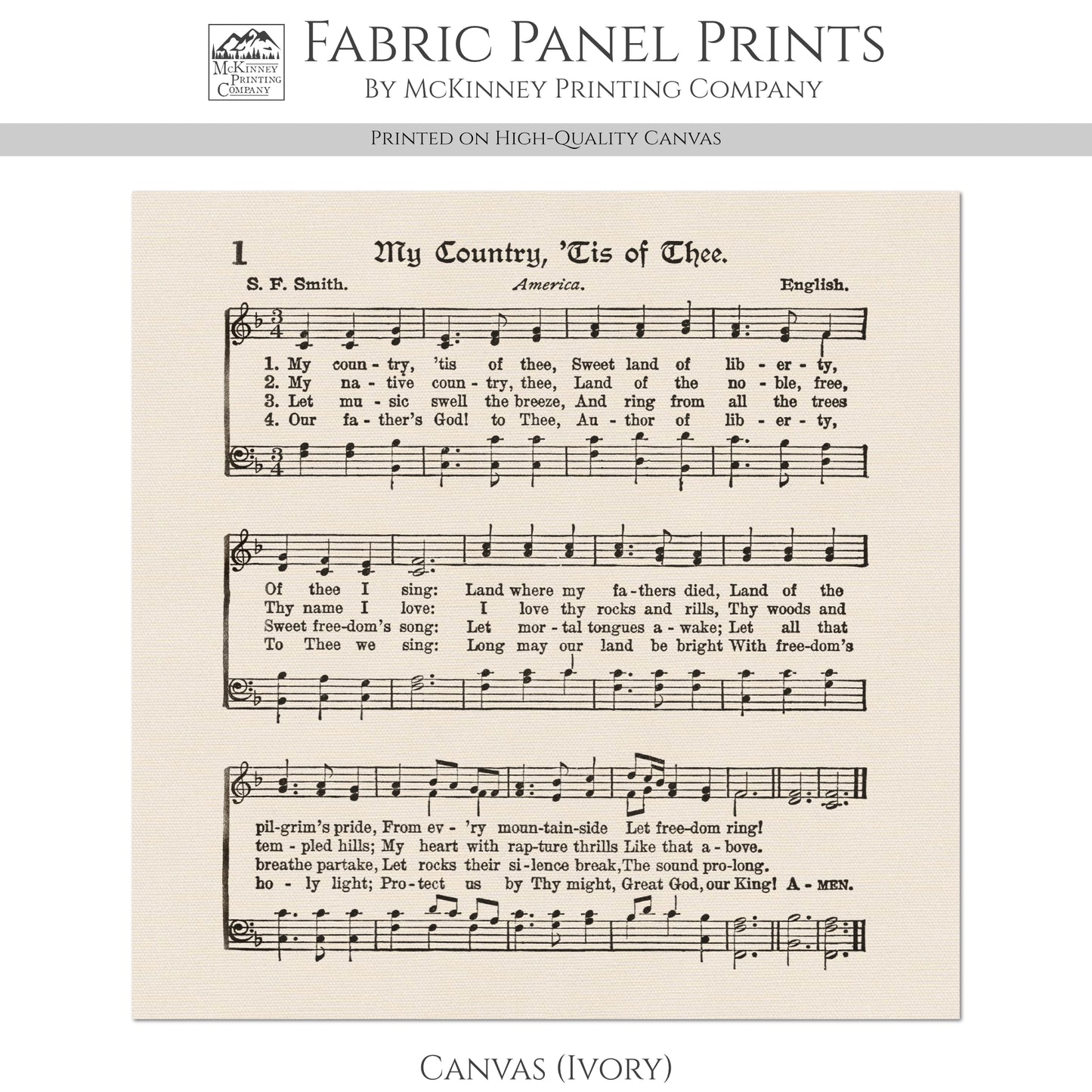 My Country Tis of Thee - Patriotic Fabric, Americana Fabric, Quilts of Valor, Vintage Sheet Music, Block Print, Veteran, Quilting
