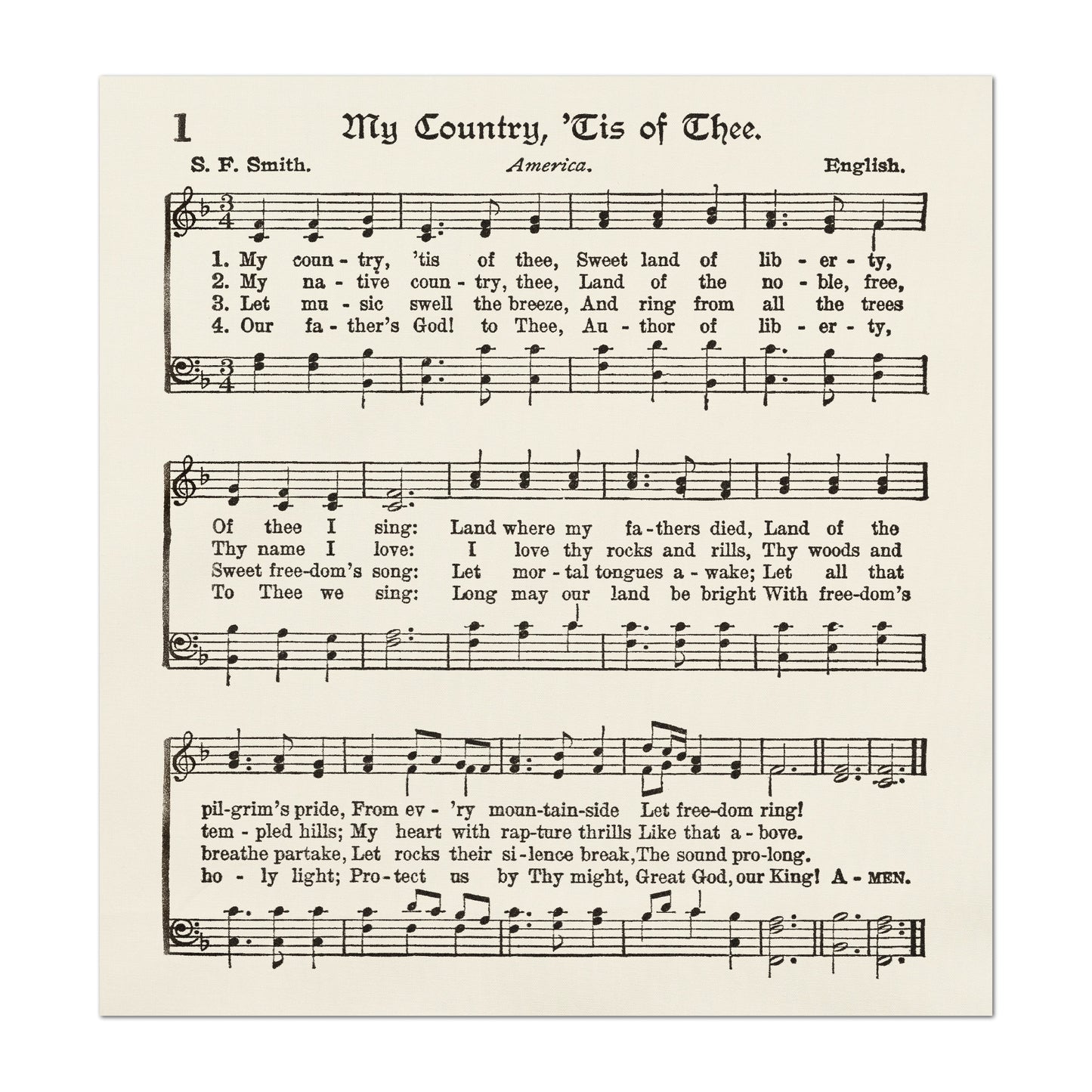 My Country Tis of Thee - Patriotic Fabric, Americana Fabric, Quilts of Valor, Vintage Sheet Music, Block Print, Veteran, Quilting