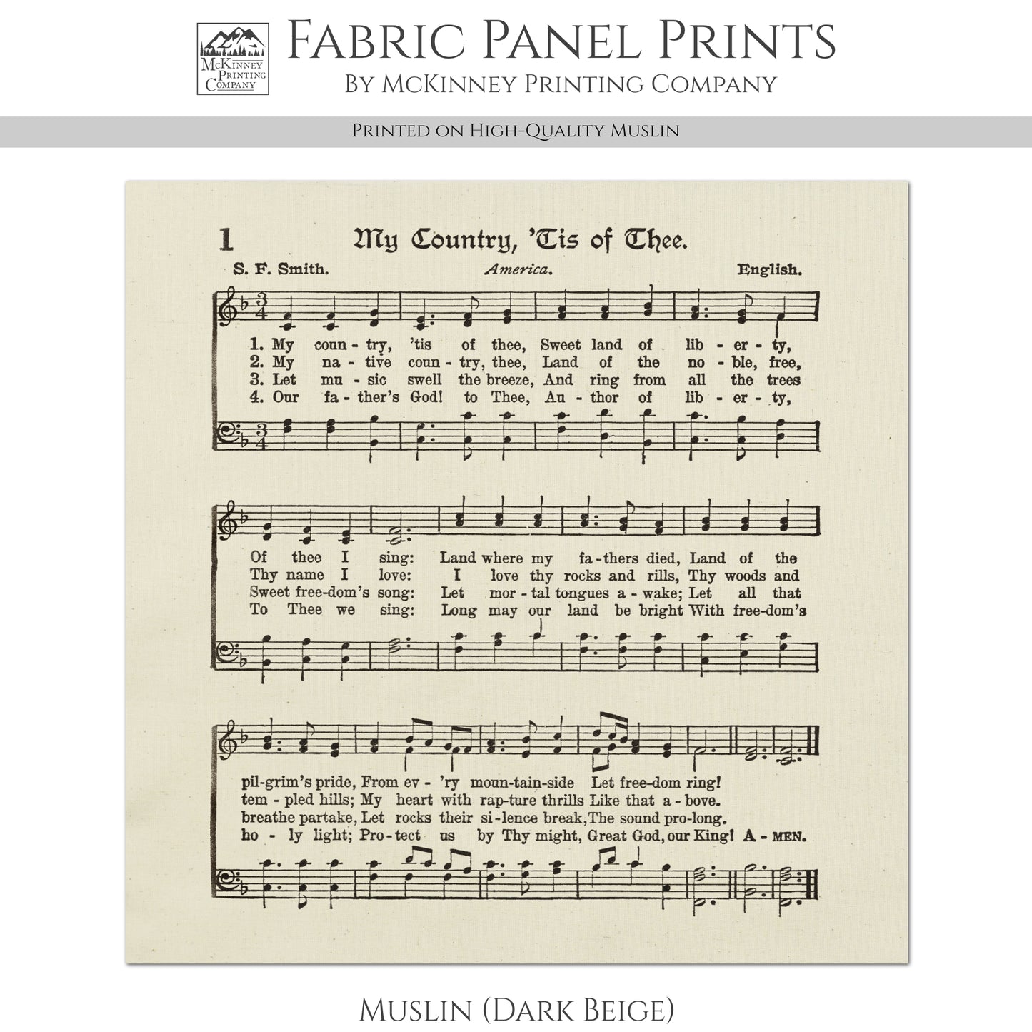 My Country Tis of Thee - Patriotic Fabric, Americana Fabric, Quilts of Valor, Vintage Sheet Music, Block Print, Veteran, Quilting