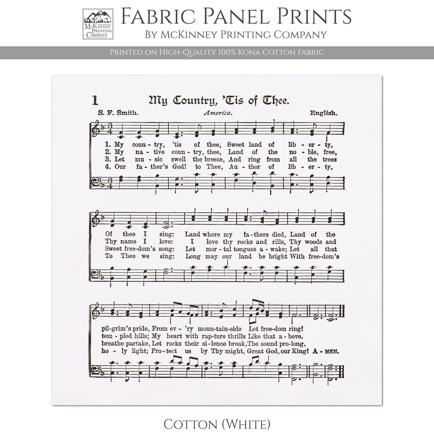 My Country Tis of Thee - Patriotic Fabric, Americana Fabric, Quilts of Valor, Vintage Sheet Music, Block Print, Veteran, Quilting