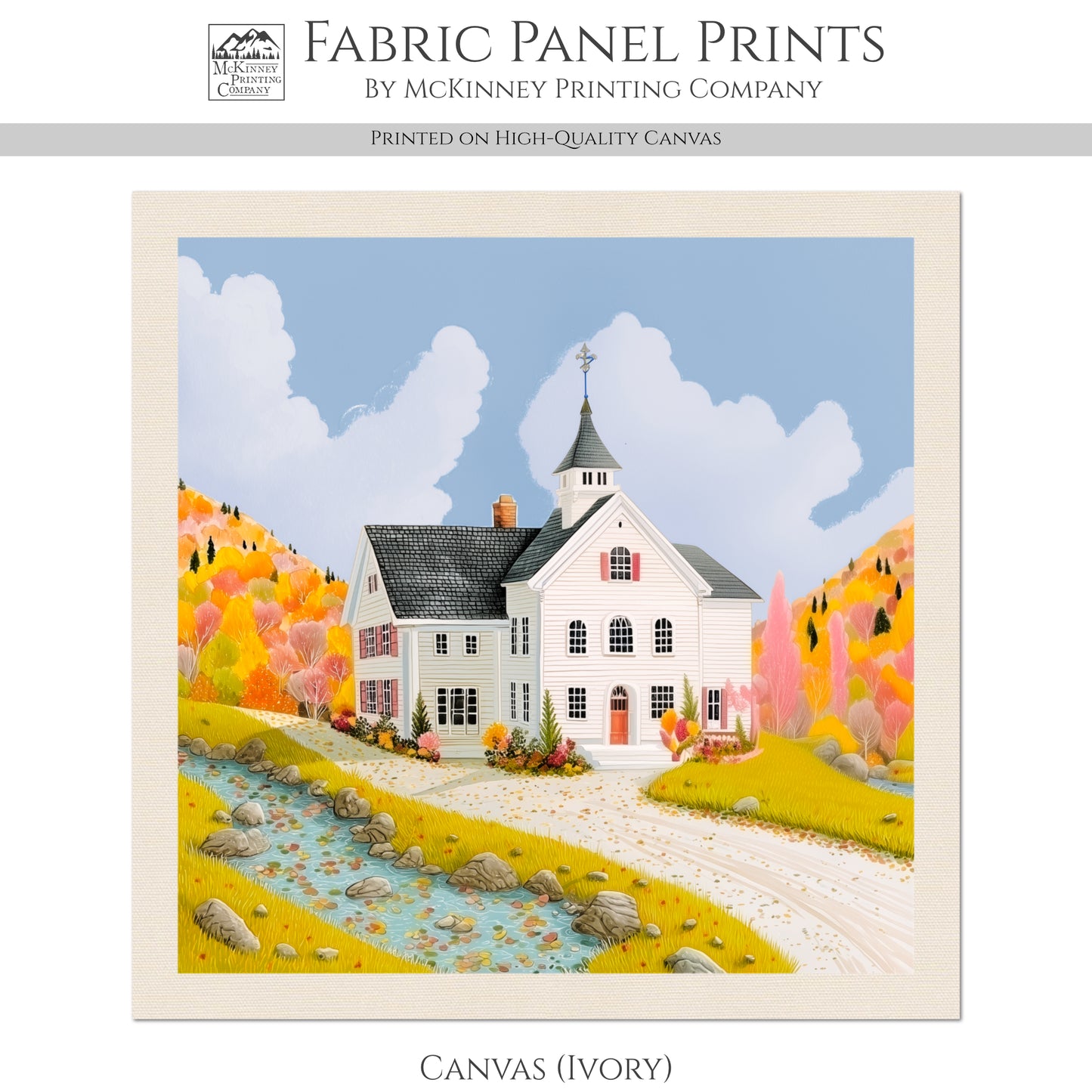 Fall Fabric Panel - New England, Village, Autumn, Country, Sewing, Block Print, Cotton, Quilting, Quilt, Craft