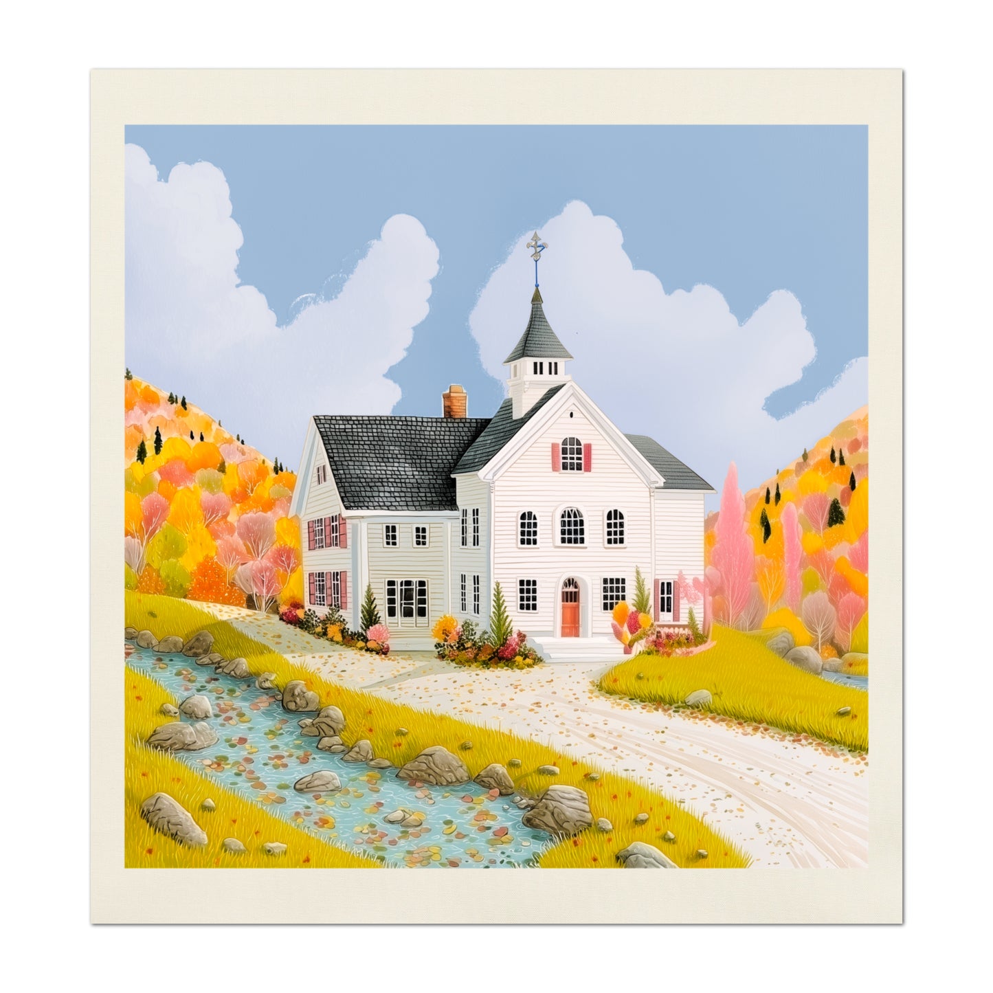 Fall Fabric Panel - New England, Village, Autumn, Country, Sewing, Block Print, Cotton, Quilting, Quilt, Craft