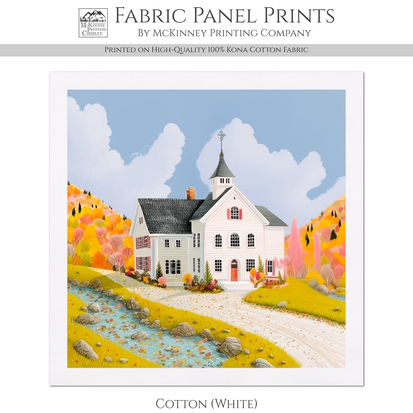 Fall Fabric Panel - New England, Village, Autumn, Country, Sewing, Block Print, Cotton, Quilting, Quilt, Craft