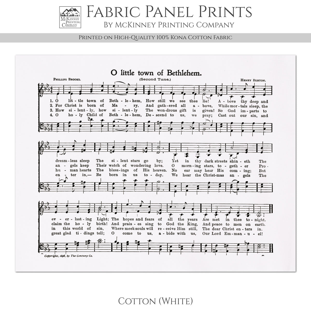 Little Town of Bethlehem - Christmas Fabric Panels, Song, Lyrics, Hymn, Christian, Vintage, Print, Quilt Block, Crafts, Quilting