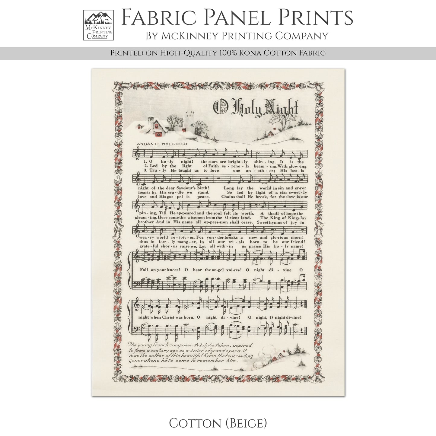 Oh Holy Night - Christmas Fabric Panel, Hymn Wall Art, Sheet Music, Lyrics, Quilting, Quilt, Wall Art, Cotton, Canvas