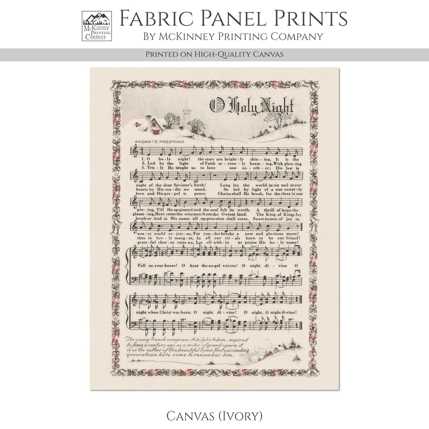 Oh Holy Night - Christmas Fabric Panel, Hymn Wall Art, Sheet Music, Lyrics, Quilting, Quilt, Wall Art, Cotton, Canvas