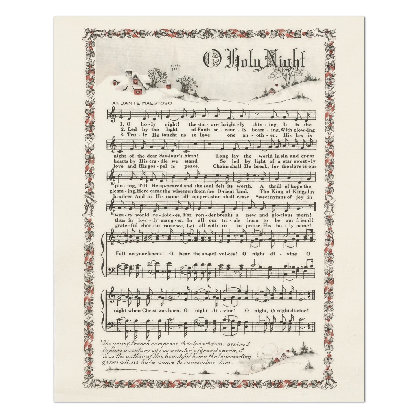 Oh Holy Night - Christmas Fabric Panel, Hymn Wall Art, Sheet Music, Lyrics, Quilting, Quilt, Wall Art, Cotton, Canvas