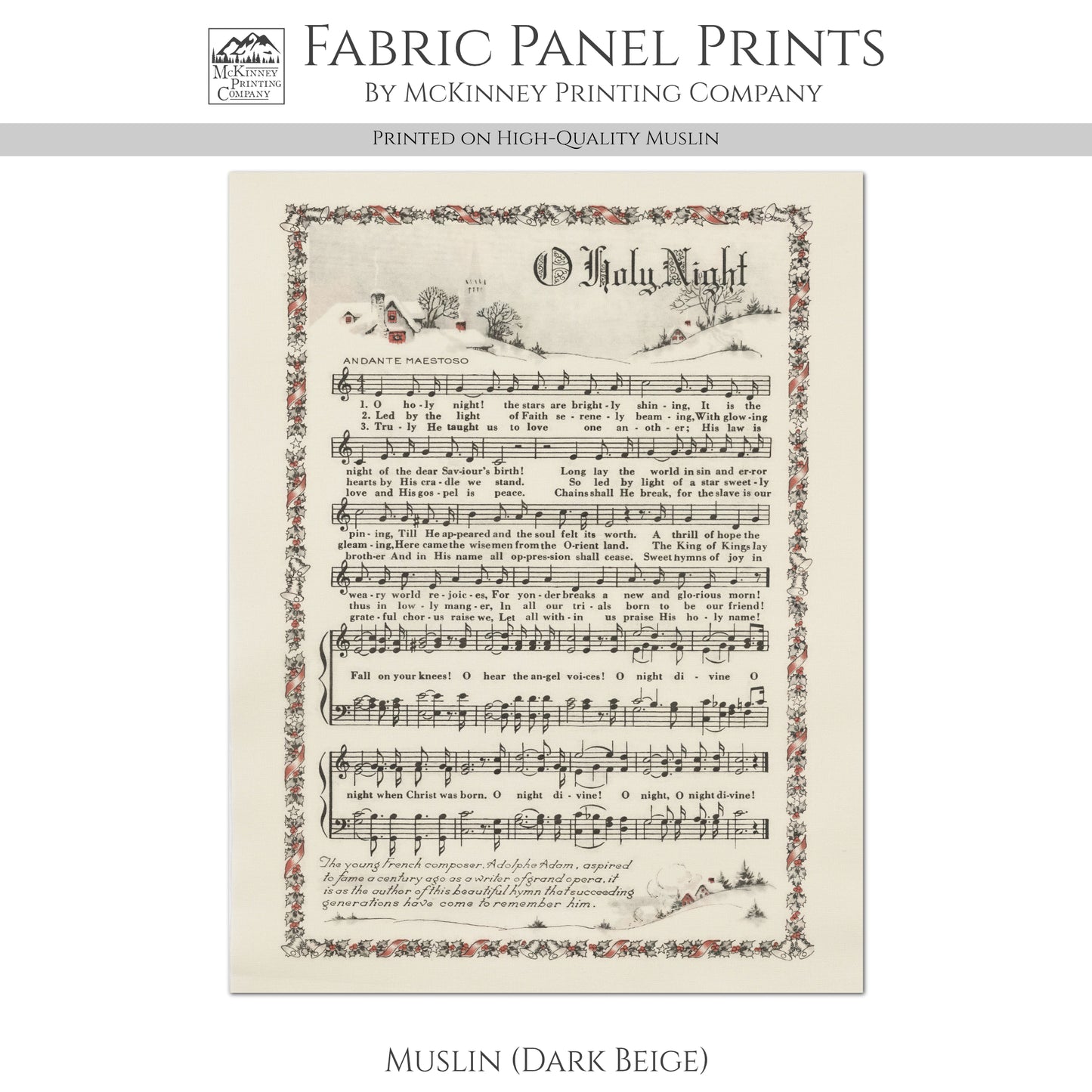 Oh Holy Night - Christmas Fabric Panel, Hymn Wall Art, Sheet Music, Lyrics, Quilting, Quilt, Wall Art, Cotton, Canvas