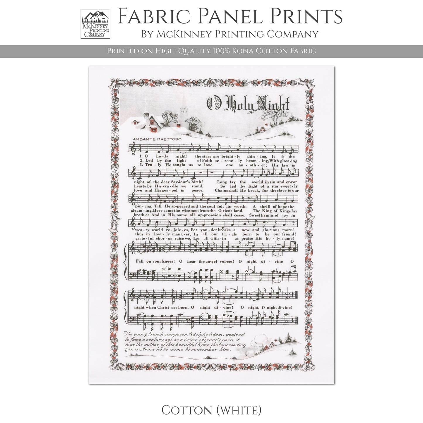 Oh Holy Night - Christmas Fabric Panel, Hymn Wall Art, Sheet Music, Lyrics, Quilting, Quilt, Wall Art, Cotton, Canvas