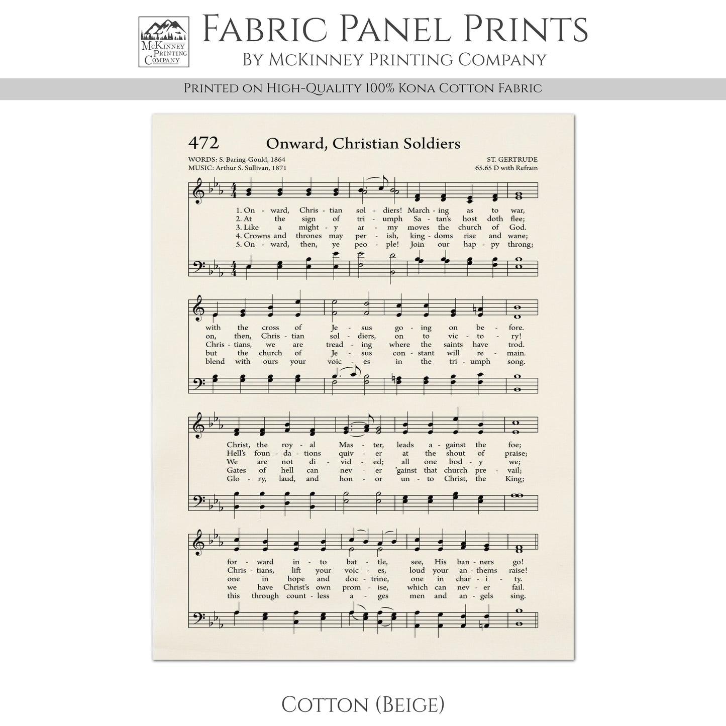 Onward Christian Soldiers - Religious Fabric, Hymn Wall Art, Vintage Sheet Music, Church, Quilting, Quilt, Cotton, Sewing, Cotton