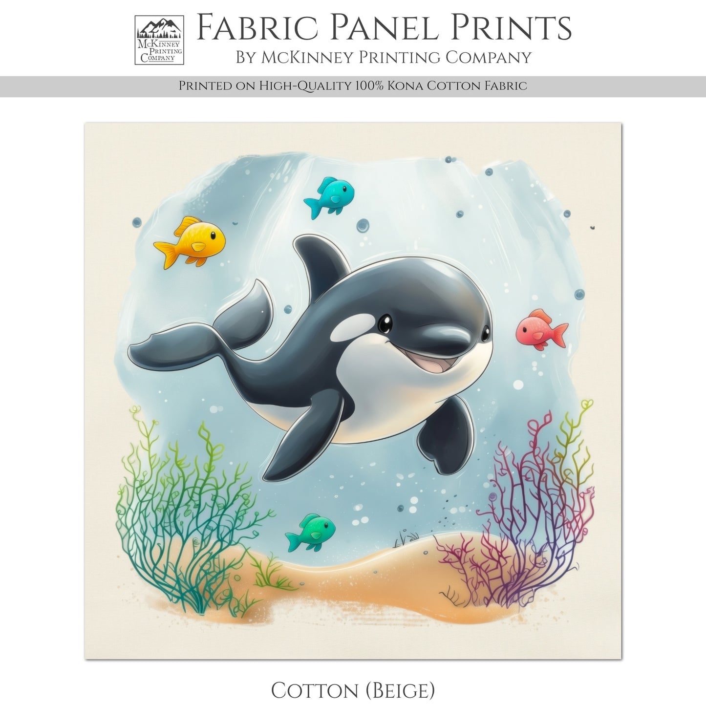 Orca - Ocean Animal Fabric, Baby Fabric Panels, Sea Creatures, Fish, Nursery Décor, Quilt Block, Cotton, Quilting