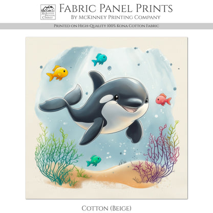 Orca - Ocean Animal Fabric, Baby Fabric Panels, Sea Creatures, Fish, Nursery Décor, Quilt Block, Cotton, Quilting