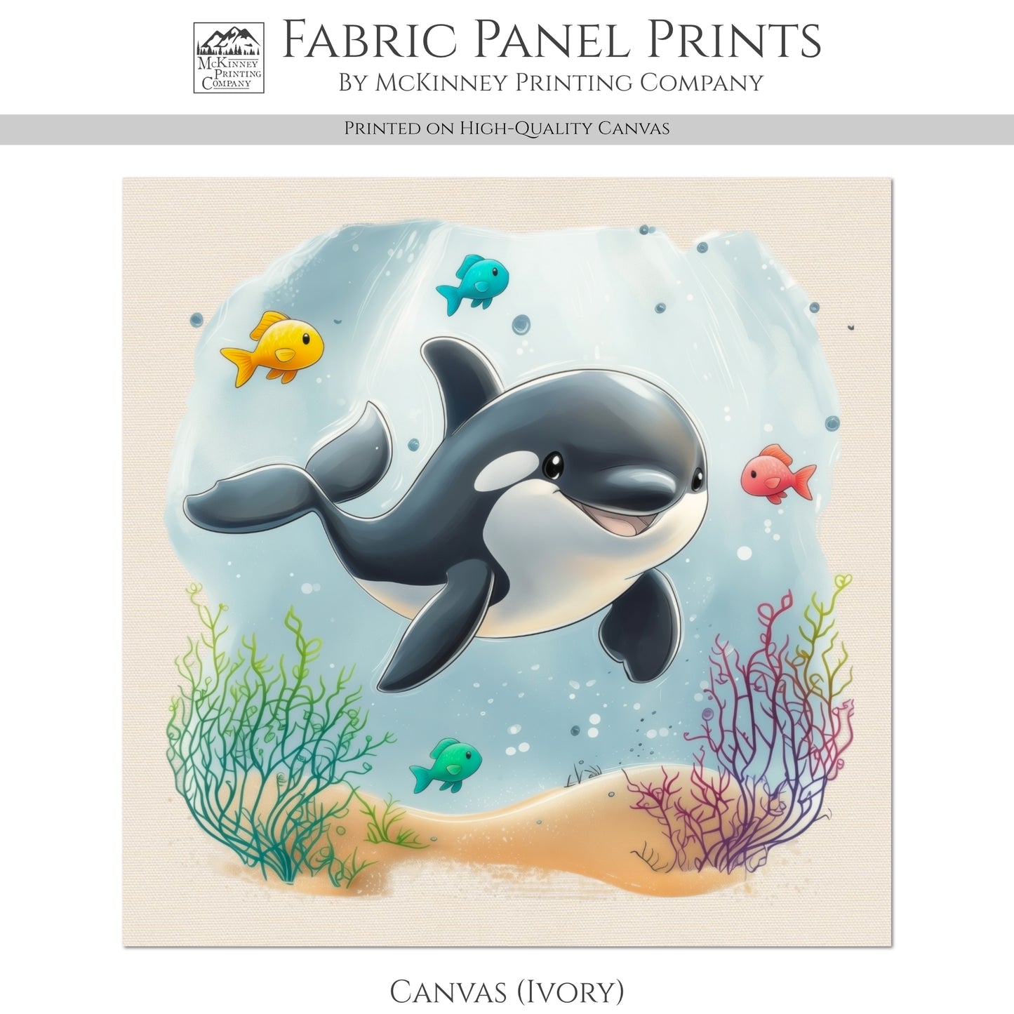 Orca - Ocean Animal Fabric, Baby Fabric Panels, Sea Creatures, Fish, Nursery Décor, Quilt Block, Cotton, Quilting