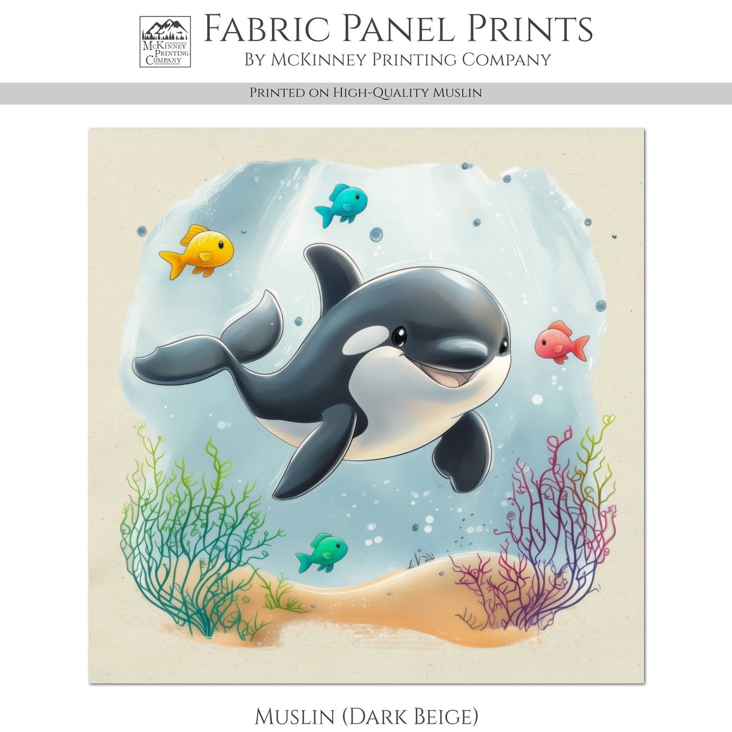 Orca - Ocean Animal Fabric, Baby Fabric Panels, Sea Creatures, Fish, Nursery Décor, Quilt Block, Cotton, Quilting