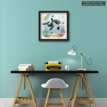 Orca - Ocean Animal Fabric, Baby Fabric Panels, Sea Creatures, Fish, Nursery Décor, Quilt Block, Cotton, Quilting