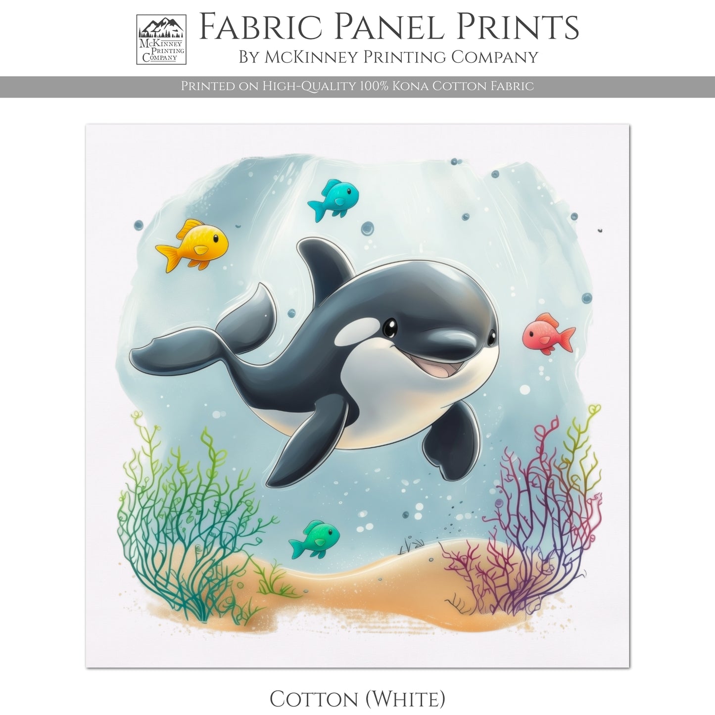 Orca - Ocean Animal Fabric, Baby Fabric Panels, Sea Creatures, Fish, Nursery Décor, Quilt Block, Cotton, Quilting