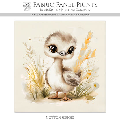 Ostrich - Baby Fabric Panels, Bird, Jungle, Animal, Nursery Décor, Quilt Block, Wall Art, Cotton, Quilting