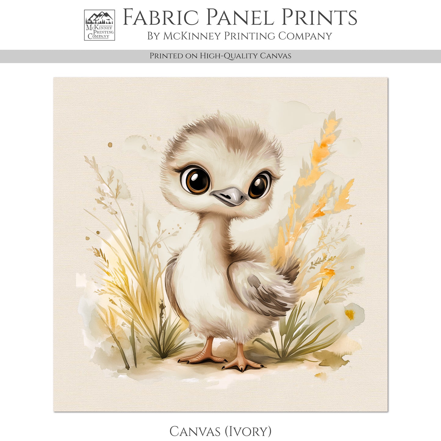 Ostrich - Baby Fabric Panels, Bird, Jungle, Animal, Nursery Décor, Quilt Block, Wall Art, Cotton, Quilting