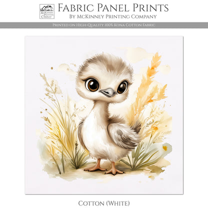 Ostrich - Baby Fabric Panels, Bird, Jungle, Animal, Nursery Décor, Quilt Block, Wall Art, Cotton, Quilting