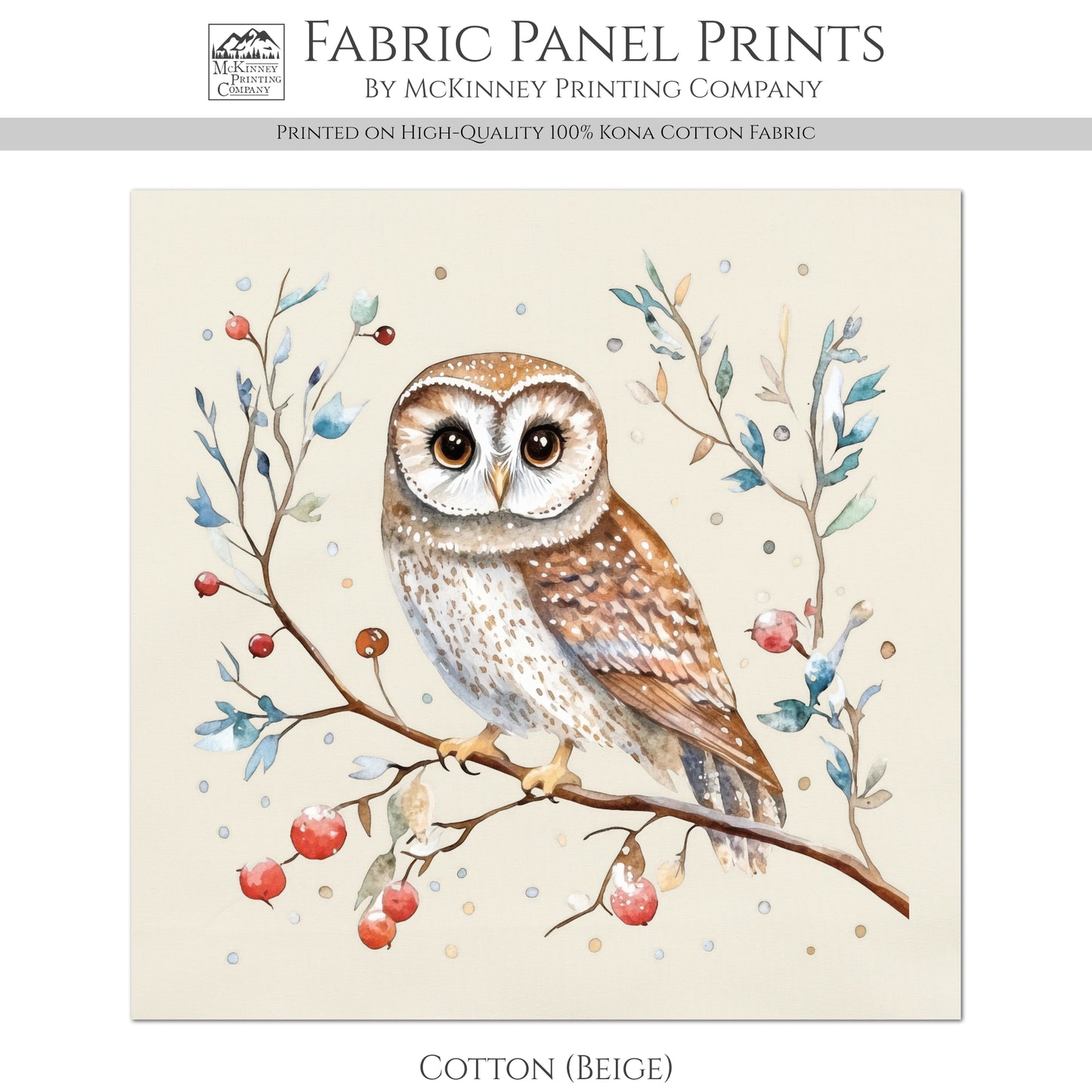 Owl Fabric - Christmas Fabric Panel, Cotton, Bird, Animal, Decor, Wall Art, Large Print, Block Print, Cotton, Quilting, Quilt, Sewing, Crafts