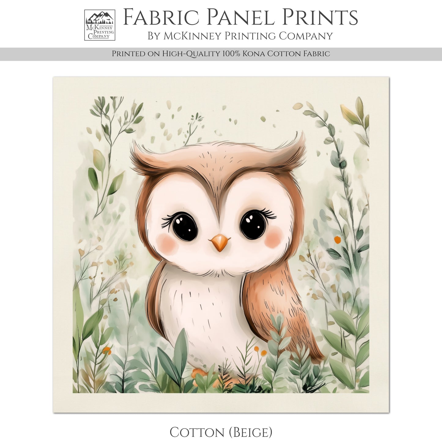 Woodland Animal Fabric - Owl, Baby Fabric Panels, Forest, Nursery Décor, Quilt Block, Wall Art, Cotton, Quilting