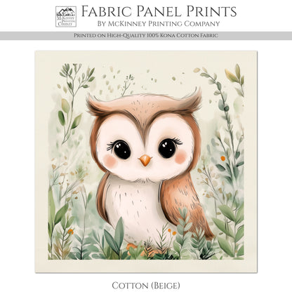 Woodland Animal Fabric - Owl, Baby Fabric Panels, Forest, Nursery Décor, Quilt Block, Wall Art, Cotton, Quilting