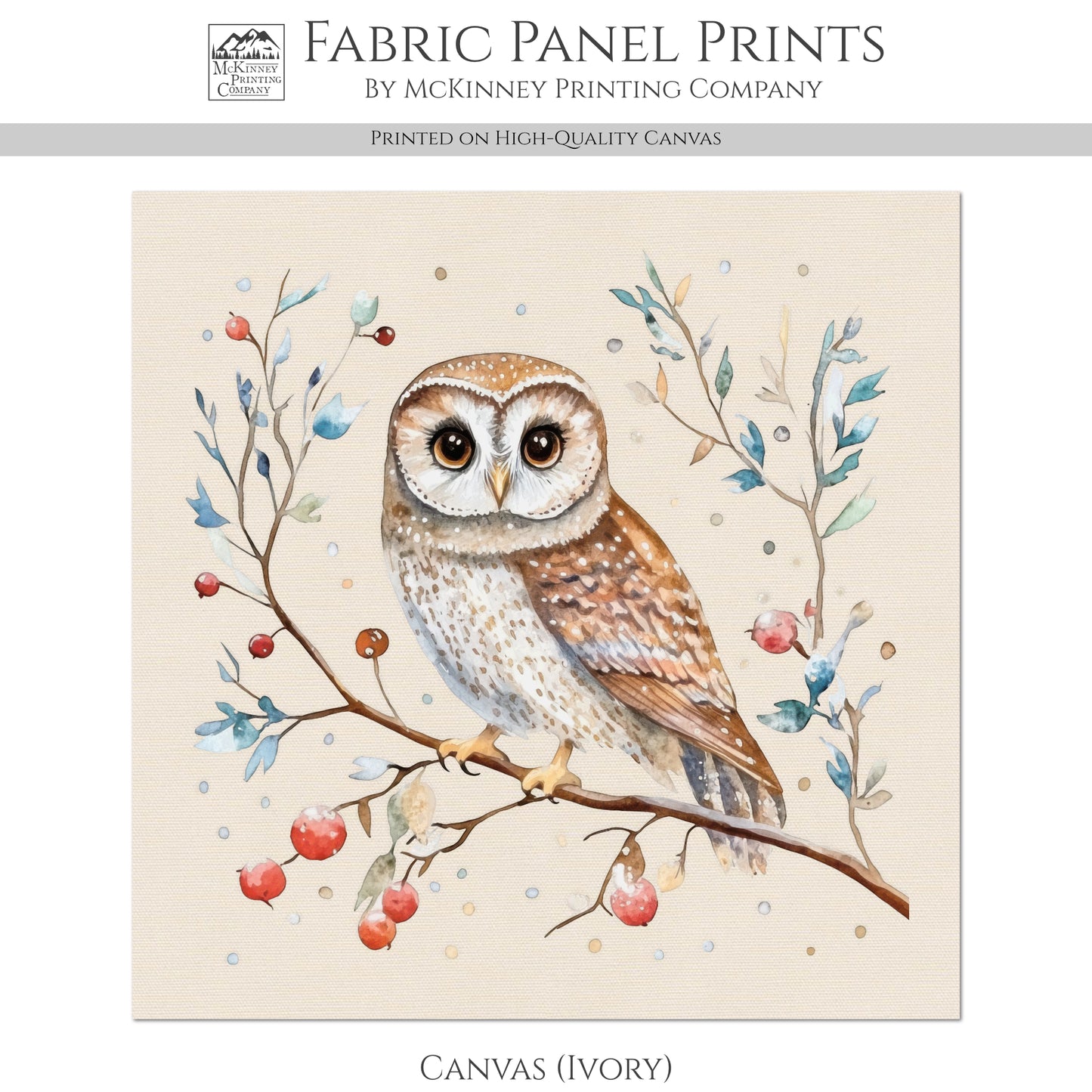 Owl Fabric - Christmas Fabric Panel, Cotton, Bird, Animal, Decor, Wall Art, Large Print, Block Print, Cotton, Quilting, Quilt, Sewing, Crafts