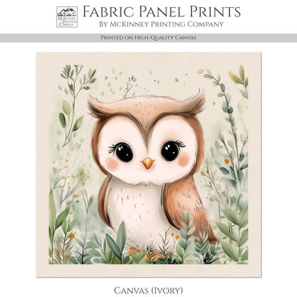 Woodland Animal Fabric - Owl, Baby Fabric Panels, Forest, Nursery Décor, Quilt Block, Wall Art, Cotton, Quilting