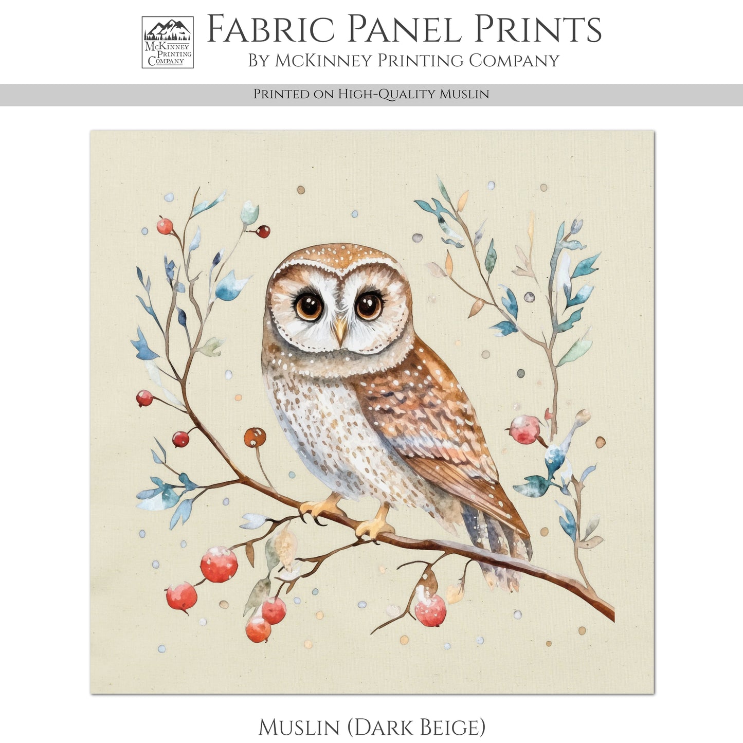 Owl Fabric - Christmas Fabric Panel, Cotton, Bird, Animal, Decor, Wall Art, Large Print, Block Print, Cotton, Quilting, Quilt, Sewing, Crafts