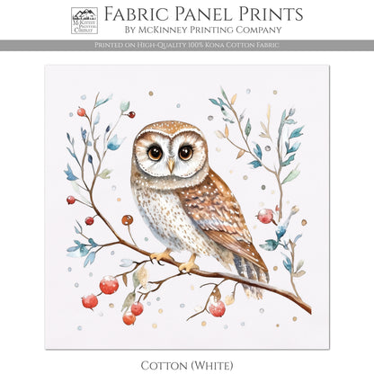Owl Fabric - Christmas Fabric Panel, Cotton, Bird, Animal, Decor, Wall Art, Large Print, Block Print, Cotton, Quilting, Quilt, Sewing, Crafts