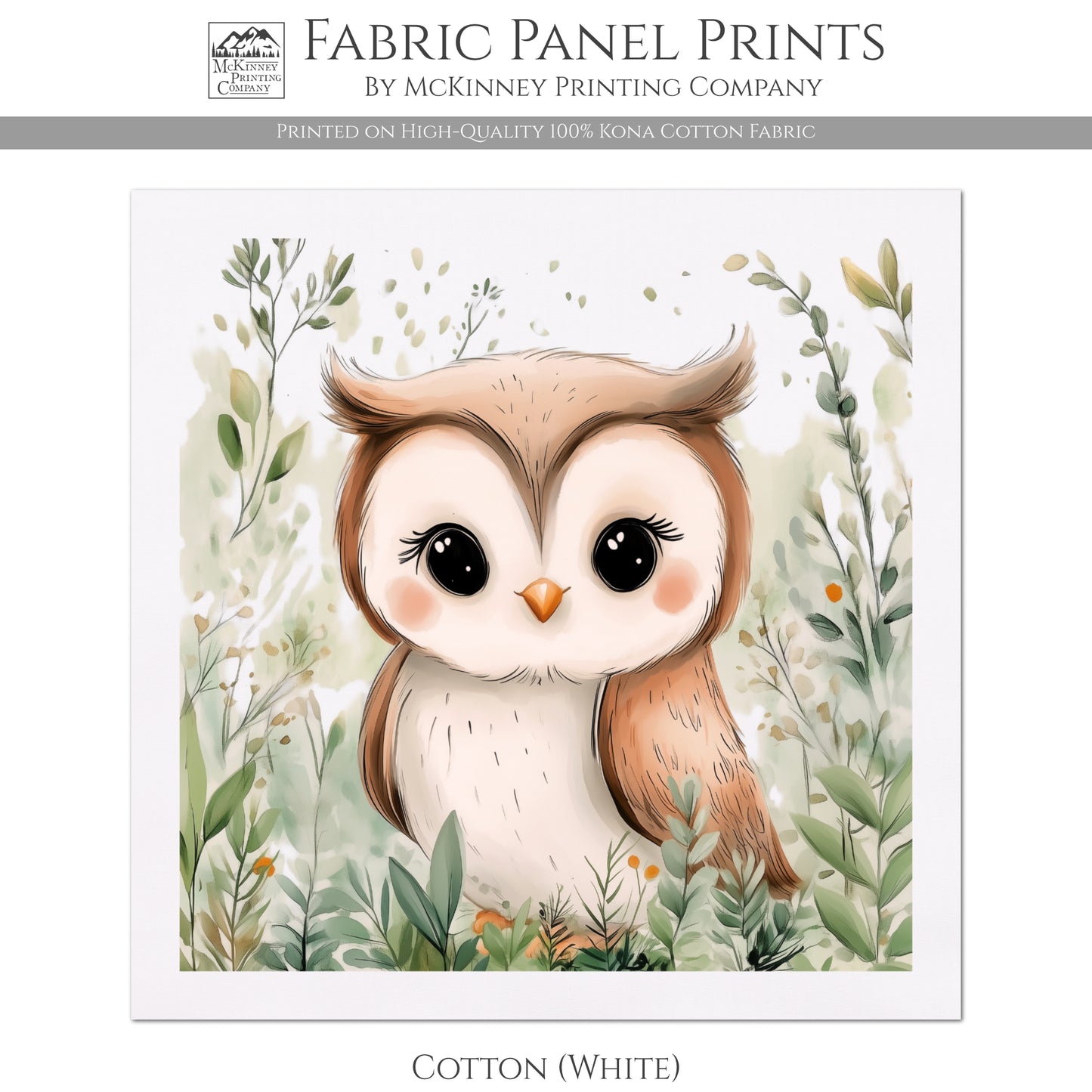 Woodland Animal Fabric - Owl, Baby Fabric Panels, Forest, Nursery Décor, Quilt Block, Wall Art, Cotton, Quilting