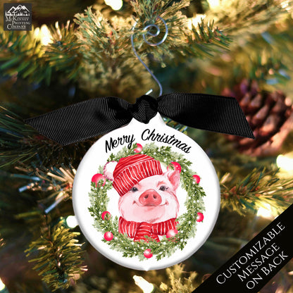 Pig Ornament - Watercolor Wreath, Custom Christmas Gift, Personalized