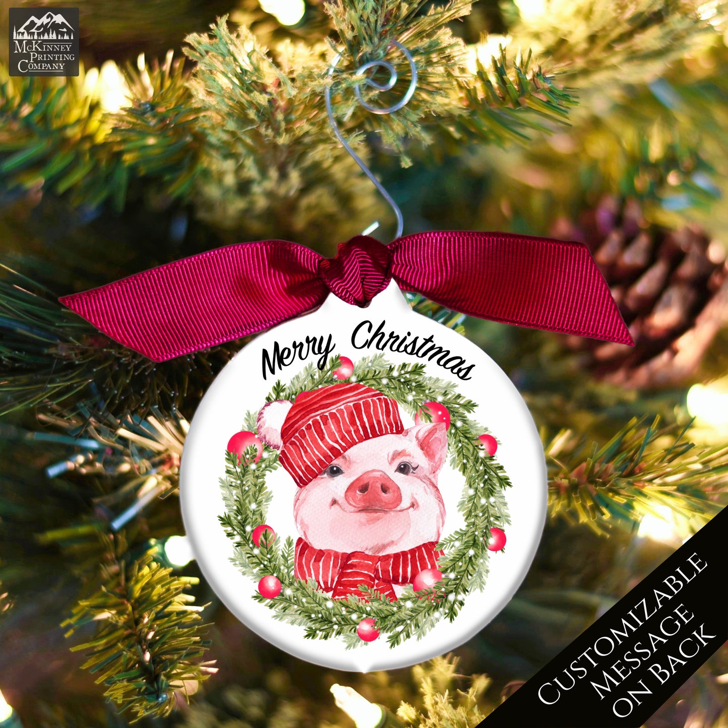 Pig Ornament - Watercolor Wreath, Custom Christmas Gift, Personalized