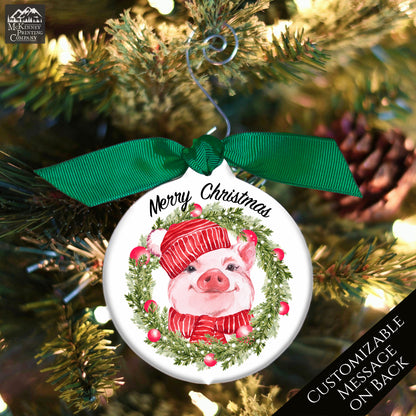 Pig Ornament - Watercolor Wreath, Custom Christmas Gift, Personalized