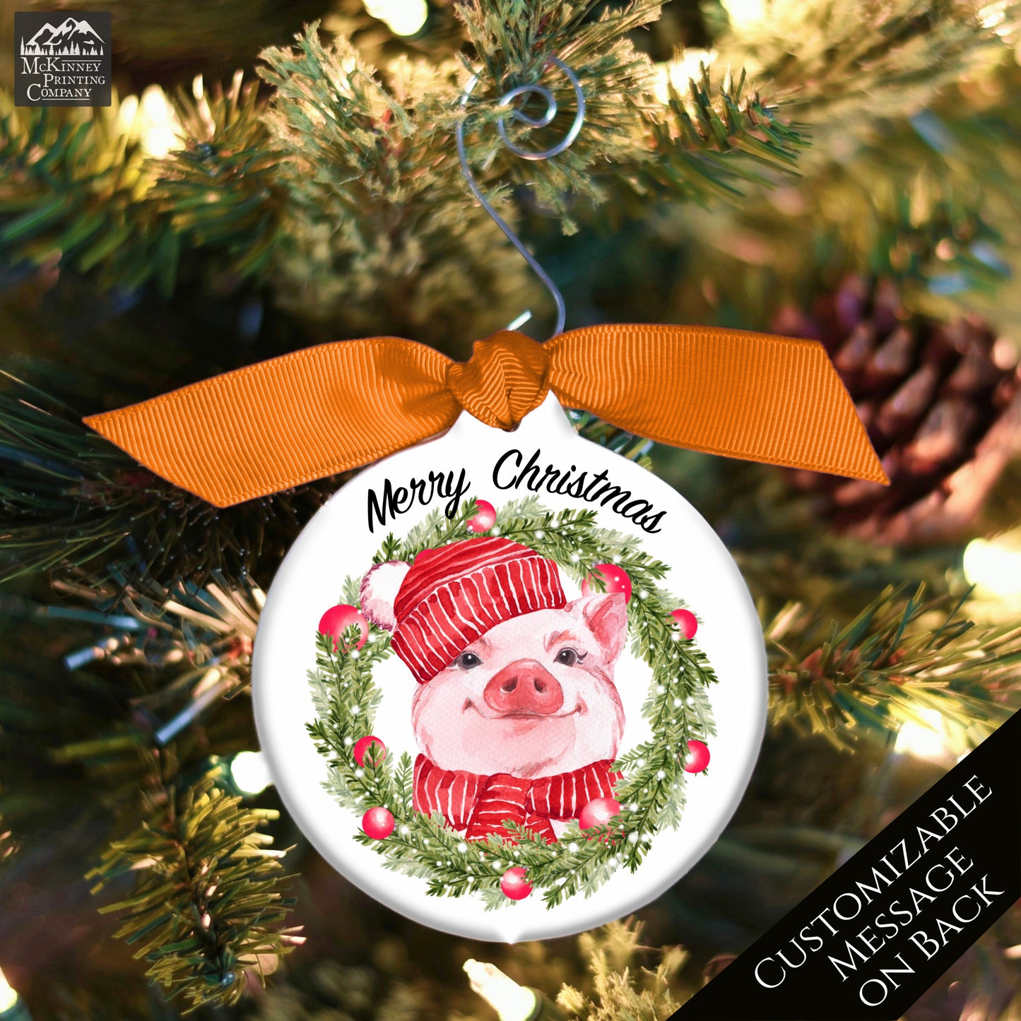 Pig Ornament - Watercolor Wreath, Custom Christmas Gift, Personalized