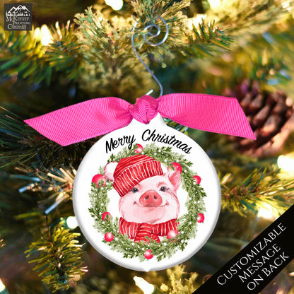 Pig Ornament - Watercolor Wreath, Custom Christmas Gift, Personalized