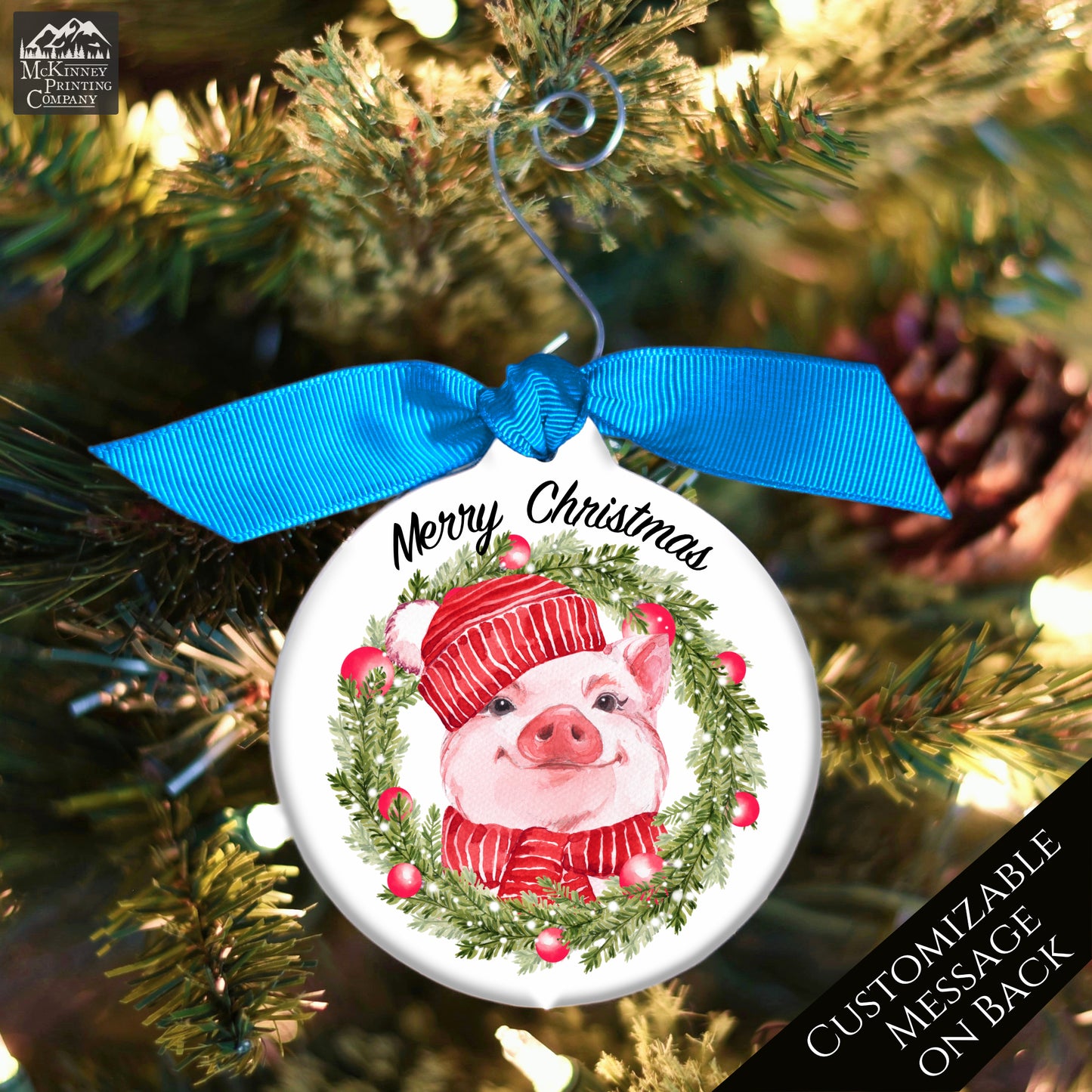 Pig Ornament - Watercolor Wreath, Custom Christmas Gift, Personalized