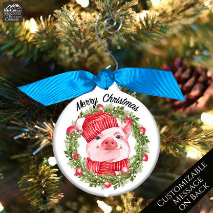 Pig Ornament - Watercolor Wreath, Custom Christmas Gift, Personalized