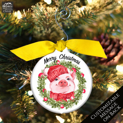 Pig Ornament - Watercolor Wreath, Custom Christmas Gift, Personalized