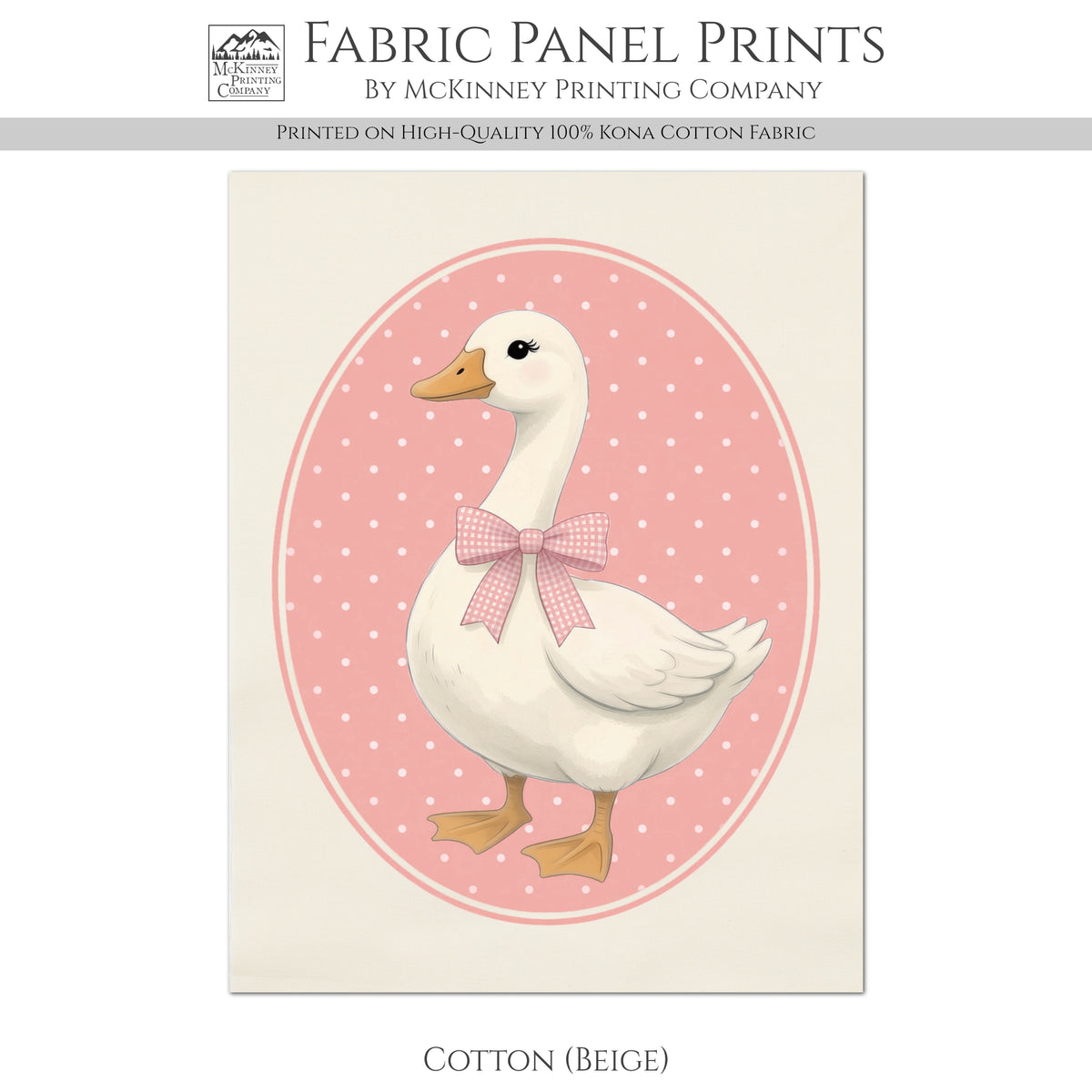 Pink Goose - Fabric Panel, Bow, Vintage, 1980's, Duck, Porch, Silly, Décor, Wall Art, Block Print, Cotton, Quilting