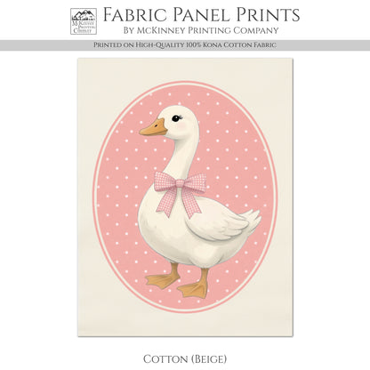 Pink Goose - Fabric Panel, Bow, Vintage, 1980's, Duck, Porch, Silly, Décor, Wall Art, Block Print, Cotton, Quilting